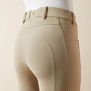 Close-up back view of a model wearing the tan Ariat Tri Factor NT Knee Patch Breech on a plain background