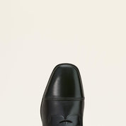 Top view of the toe cap on the black Ariat Palisade Field Boot on a plain background