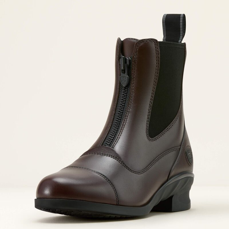 Angled front view of the brown Ariat Heritage Zip Paddock Boot on a plain background