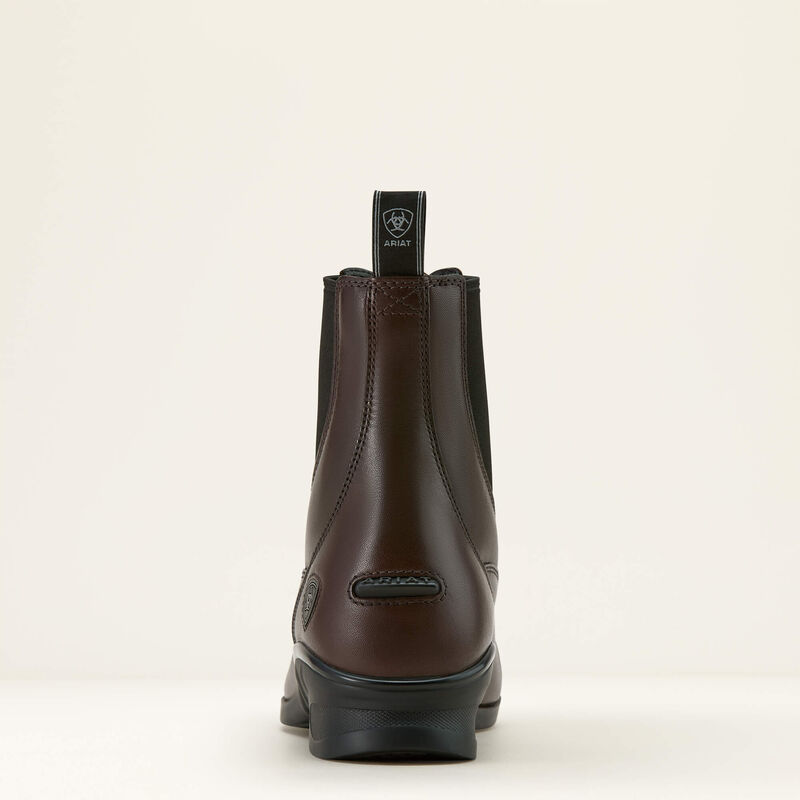 Back view of the brown Ariat Heritage Zip Paddock Boot on a plain background