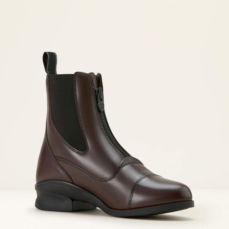 Angled front view of the brown Ariat Heritage Zip Paddock Boot on a plain background