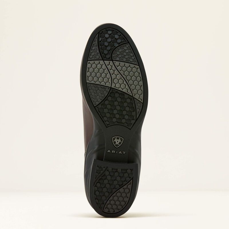 Bottom view of the brown Ariat Heritage Zip Paddock Boot on a plain background