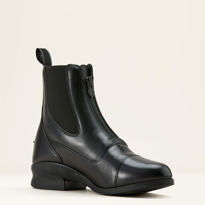 Angled front view of the black Ariat Heritage Zip Paddock Boot on a plain background