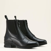 Angled front view of a pair of black Ariat Heritage Zip Paddock Boots on a plain background