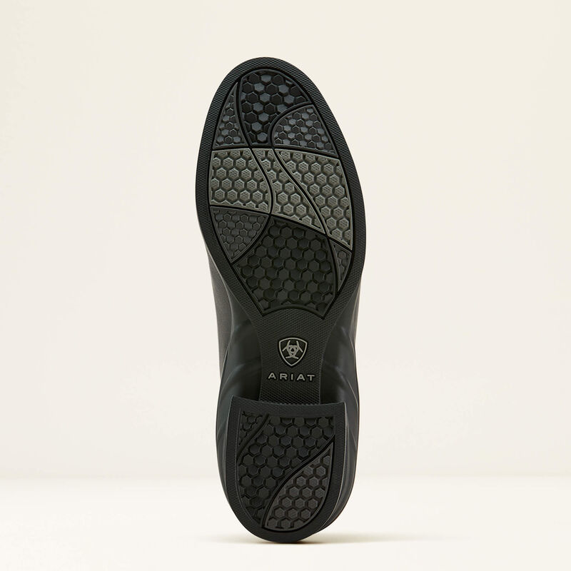 Bottom view of the black Ariat Heritage Zip Paddock Boot on a plain background