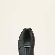 View of the toe cap of the black Ariat Heritage Zip Paddock Boot on a plain background
