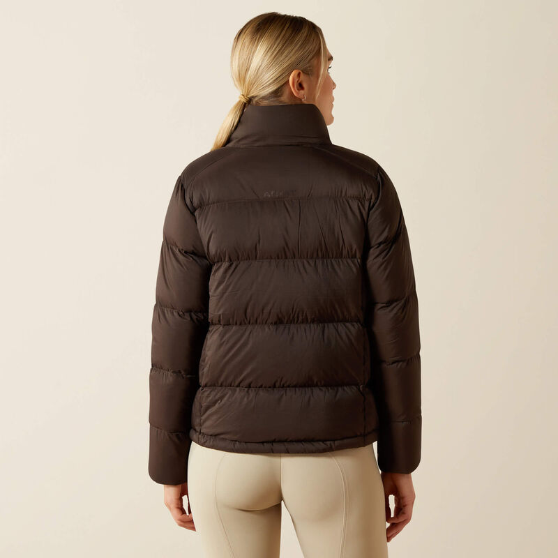 Back view of model wearing the Ariat Ultrapuff Down Jacket in brown in a studio setting
