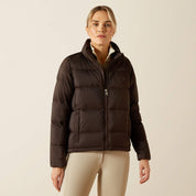 Front view of model wearing the Ariat Ultrapuff Down Jacket in brown in a studio setting