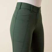 Ariat Protege Knee Patch Breeches in Monstera green showing waistband and pocket detail