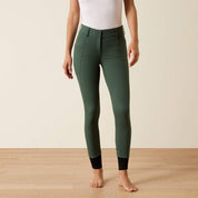 Ariat Protege Knee Patch Breeches in Monstera green, front view worn with white short sleeve top