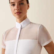 Close up view model wearing the Ariat Allure Short Sleeve Show Shirt in white in a studio setting