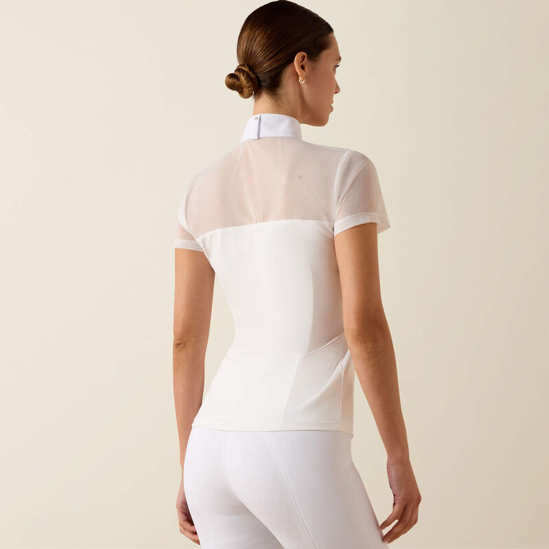 Back view of model wearing the Ariat Allure Short Sleeve Show Shirt in white in a studio setting