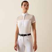 Front view of model wearing the Ariat Allure Short Sleeve Show Shirt in white in a studio setting