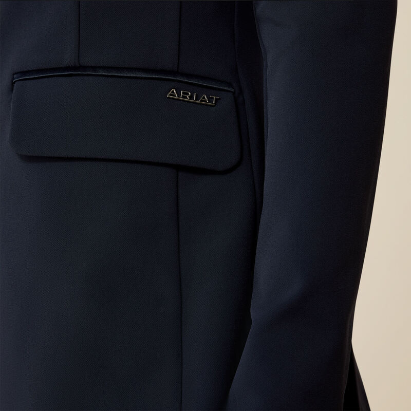 Close-up view of the front pocket on the Navy Eclipse Ariat Allure Show Coat