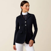 Front view of a female model wearing the Navy Eclipse Ariat Allure Show Coat on a plain background