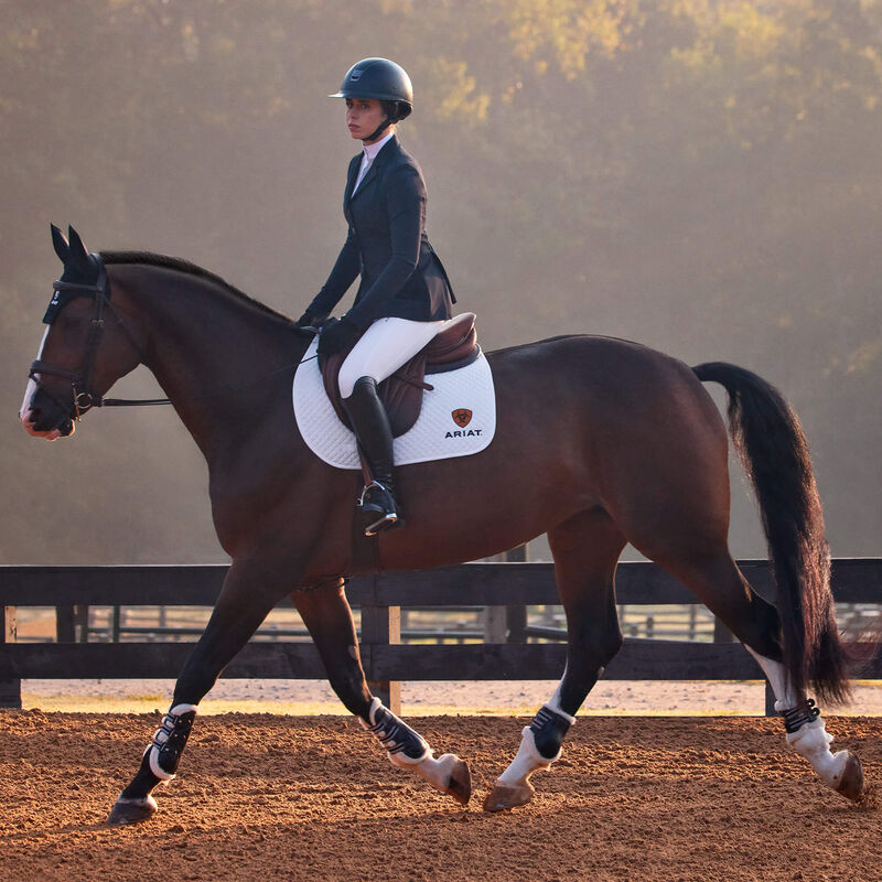 Side view of a female model wearing the Navy Eclipse Ariat Allure Show Coat while riding a bay horse in an outdoor arena