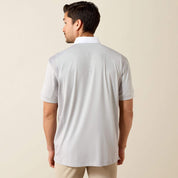 Back view of male model wearing the Ariat Mens Tek Short Sleeve Show Shirt in gray and tan breeches in a studio setting