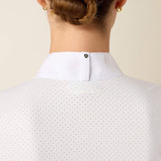 Close up back view of the collar of the Ariat Breathe Long Sleeve Showshirt in white in a studio setting