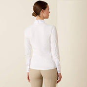 Back view of model wearing the Ariat Breathe Long Sleeve Showshirt in white in a studio setting