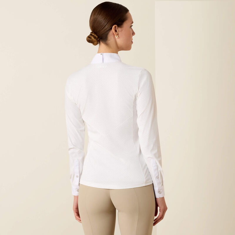 Back view of model wearing the Ariat Breathe Long Sleeve Showshirt in white in a studio setting