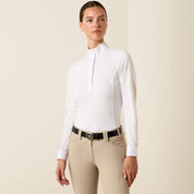 Front view of model wearing the Ariat Breathe Long Sleeve Showshirt in white in a studio setting