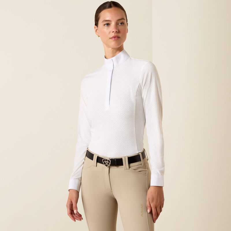 Front view of model wearing the Ariat Breathe Long Sleeve Showshirt in white in a studio setting