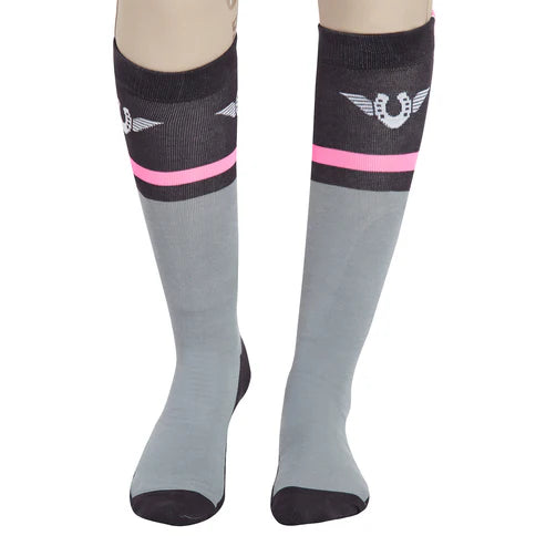 Close-up front view of a model wearing the pink TuffRider Impulsion Knee Hi Socks on a white background