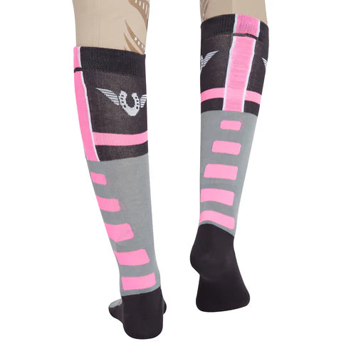 Close-up back view of a model wearing the pink TuffRider Impulsion Knee Hi Socks on a white background