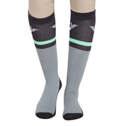 Close-up front view of a model wearing the green TuffRider Impulsion Knee Hi Socks on a white background