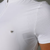 Close-up front view of the Aubrion Walston Show Shirt in white with Aubrion logo