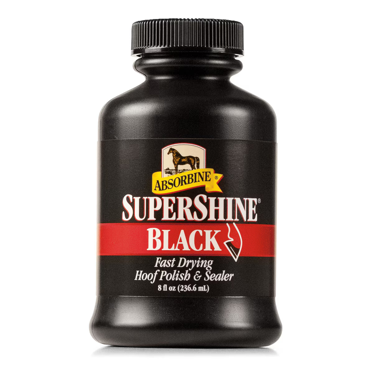Front view of the black Absorbine Supershine Hoof Polish on a white background