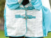 Close-up front view of the chest of a horse wearing the white/mint Weatherbeeta Kool Coat Cotton Airstream II Detach-A-Neck