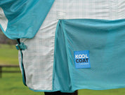 Close-up side view of the elbow of a horse wearing the white/mint Weatherbeeta Kool Coat Cotton Airstream II Detach-A-Neck