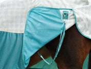 Close-up side view of the stifle of a horse wearing the white/mint Weatherbeeta Kool Coat Cotton Airstream II Detach-A-Neck