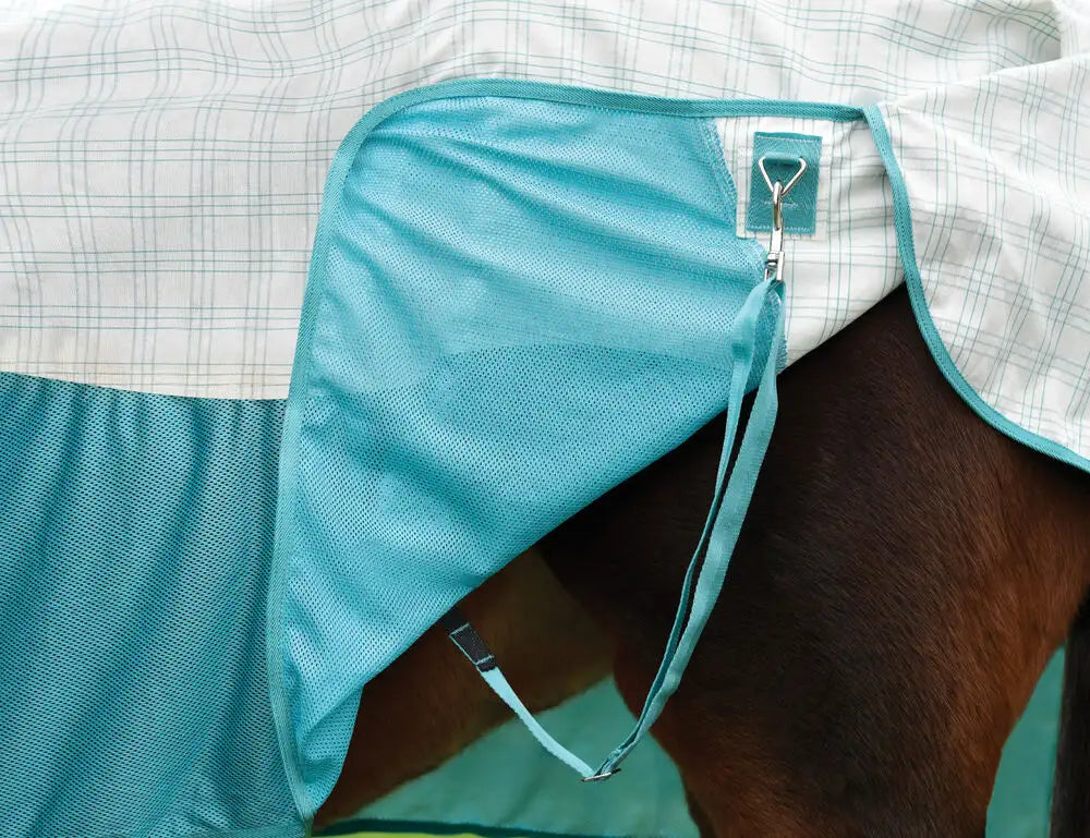 Close-up side view of the stifle of a horse wearing the white/mint Weatherbeeta Kool Coat Cotton Airstream II Detach-A-Neck