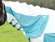 Close-up side view of the the neck of a horse wearing the white/mint Weatherbeeta Kool Coat Cotton Airstream II Detach-A-Neck