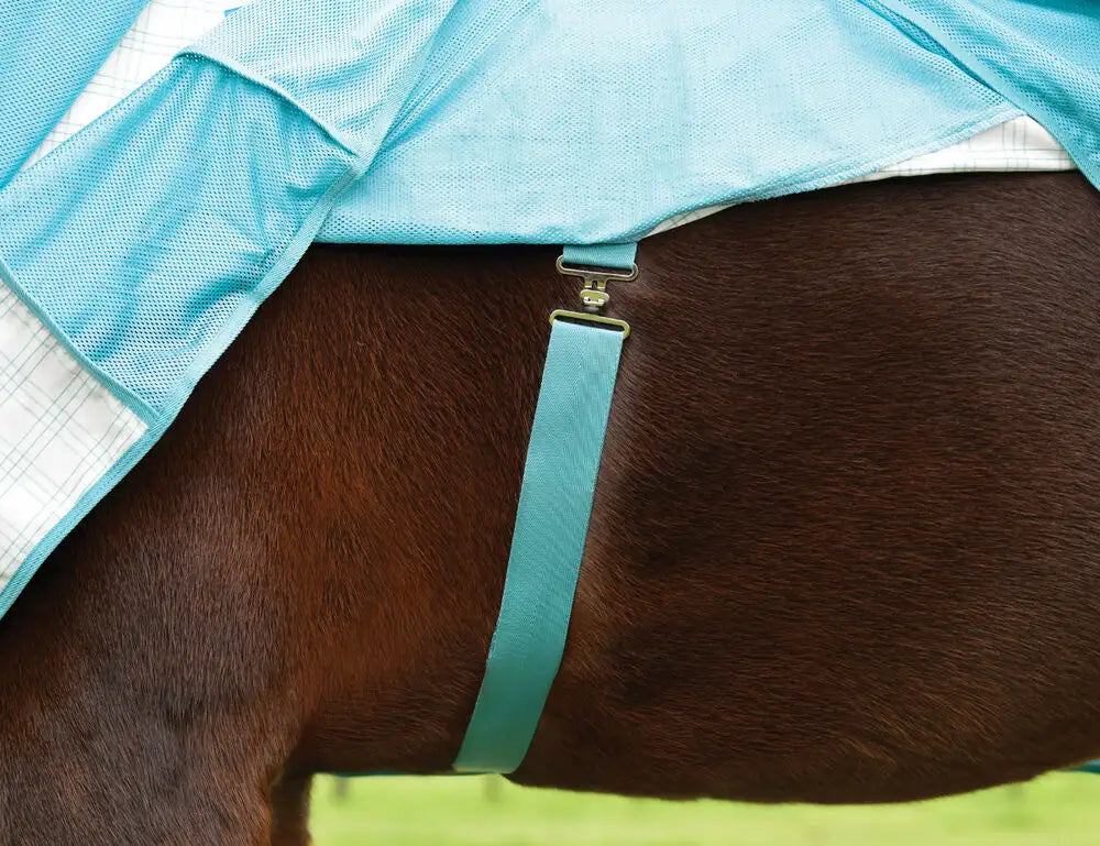 Close up view side of the ribcage of a horse wearing the white/mint  Weatherbeeta Kool Coat Cotton Airstream II Detach-A-Neck