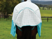 Close-up back view of a horse wearing the white/mint Weatherbeeta Kool Coat Cotton Airstream II Detach-A-Neck while standing in a grassy pasture