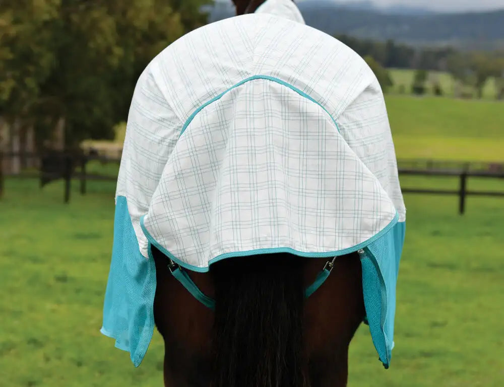Close-up back view of a horse wearing the white/mint Weatherbeeta Kool Coat Cotton Airstream II Detach-A-Neck while standing in a grassy pasture