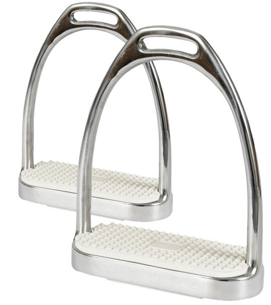 Full view of a pair of Jack's Stainless Steel Fillis Stirrups with White Pads on a white background