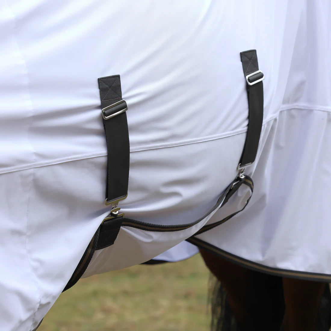 Close-up view of the belly band and straps on the Shires Tempest Original Standard Neck Fly Sheet in white