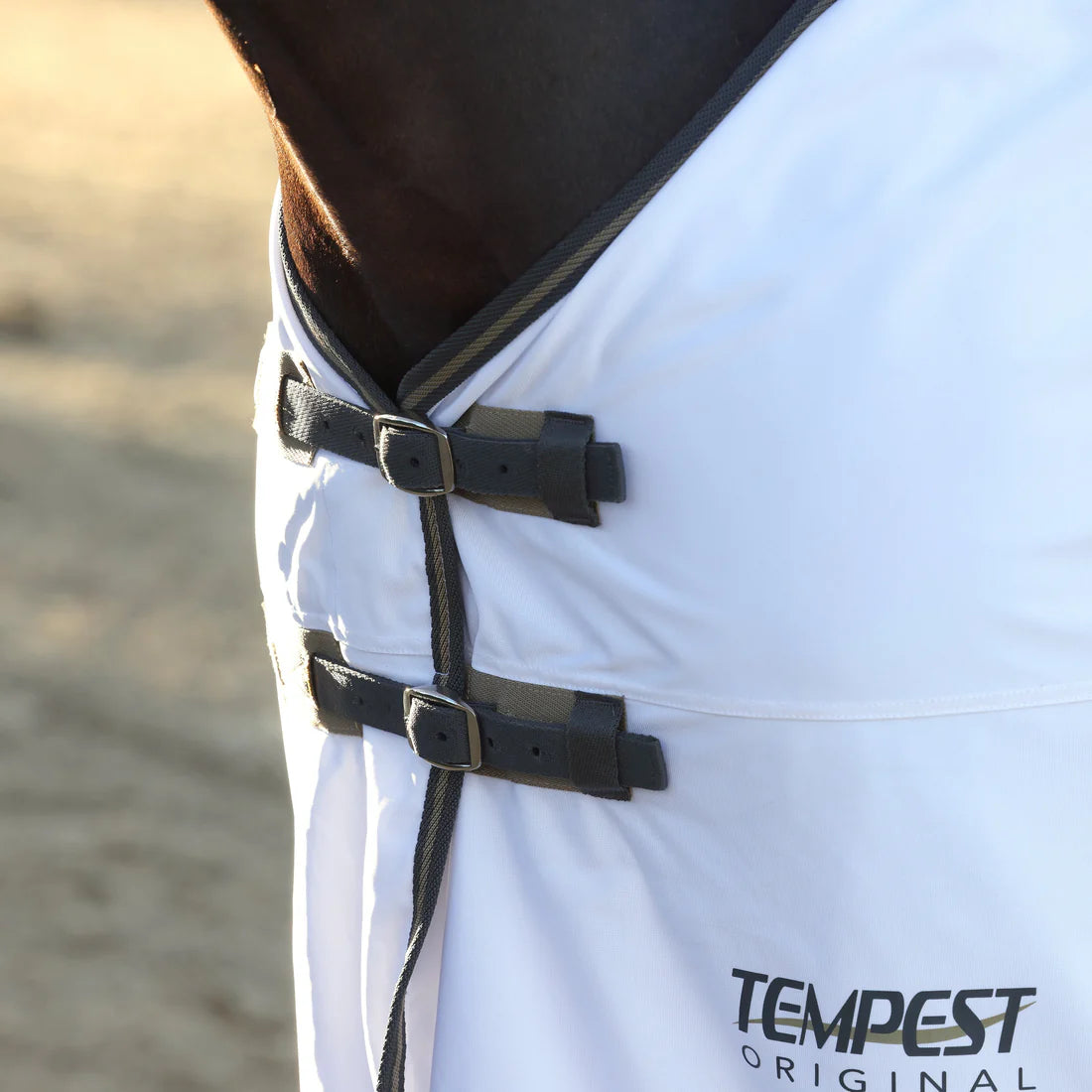 Close-up view of the chest straps on the Shires Tempest Original Standard Neck Fly Sheet in white