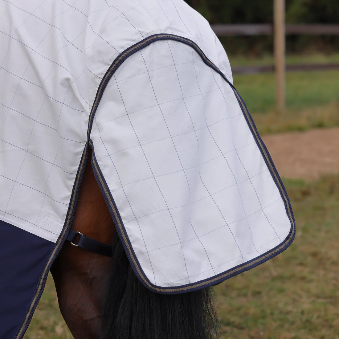 Close-up view of the tail flap on the Shires Tempest Original Summer Shield Set in white