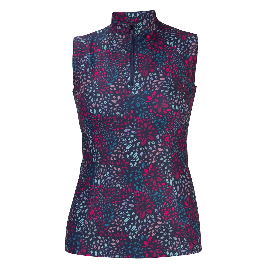 Front view of the navy floral print Aubrion React Sleeveless Base Layer on a white background