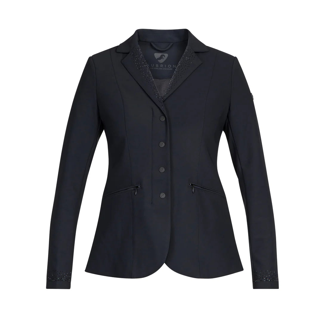 Front view of the black Aubrion Optima-GX Show Coat on white background
