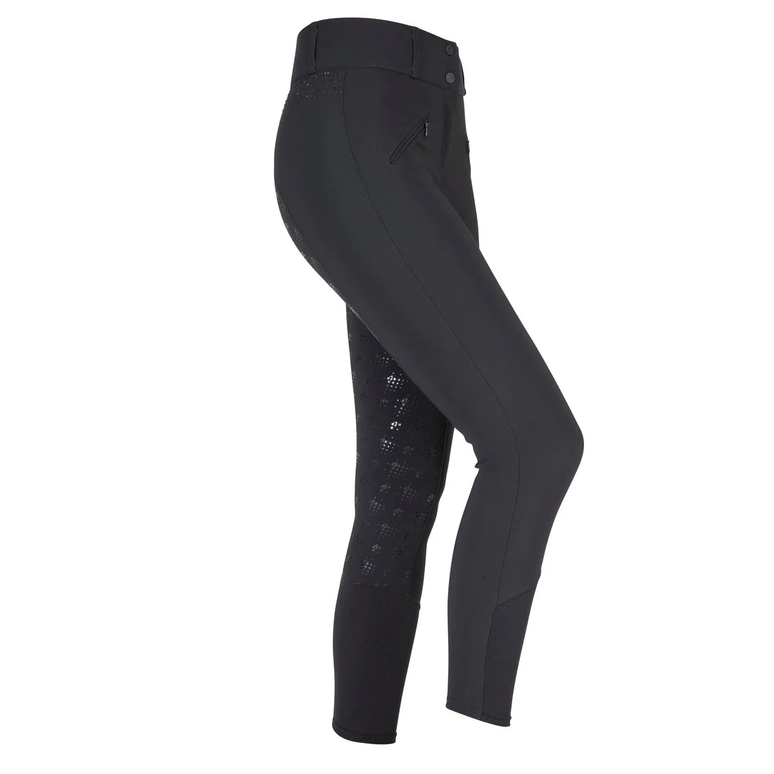 Side view of the black Aubrion Optima GX Breeches on a white background