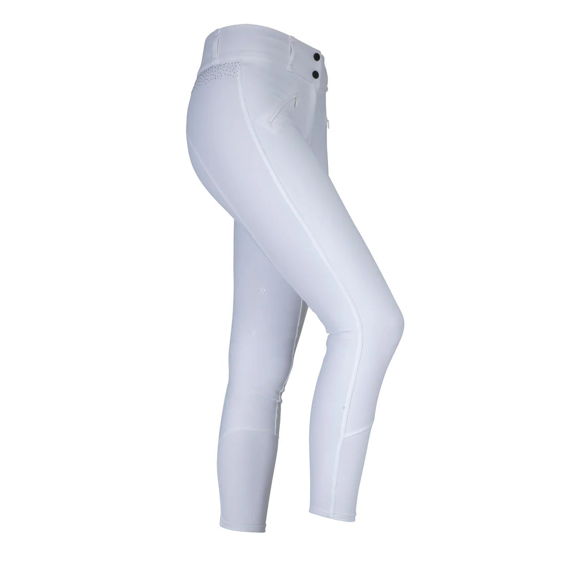 Side view of the white Aubrion Optima GX Breeches on a white background