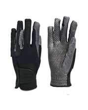 Front and back views of a pair of Correct Connect Oil-Tac Copper Tech™ Leather Premium Riding Gloves in black on a white background
