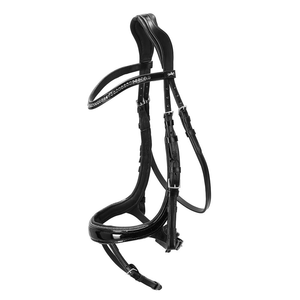 Schockemohle Equitus Beta Glam bridle in black with curved rhinestone browband and patent noseband