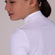 Close-up back view of the shoulder on the white Aubrion Young Rider Optima GX Show Shirt